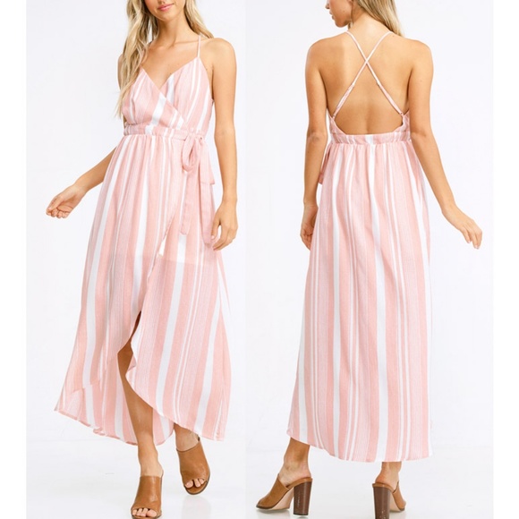 Restock✨Pink Stripe Backless HiLow Midi Wrap Dress - Picture 2 of 8